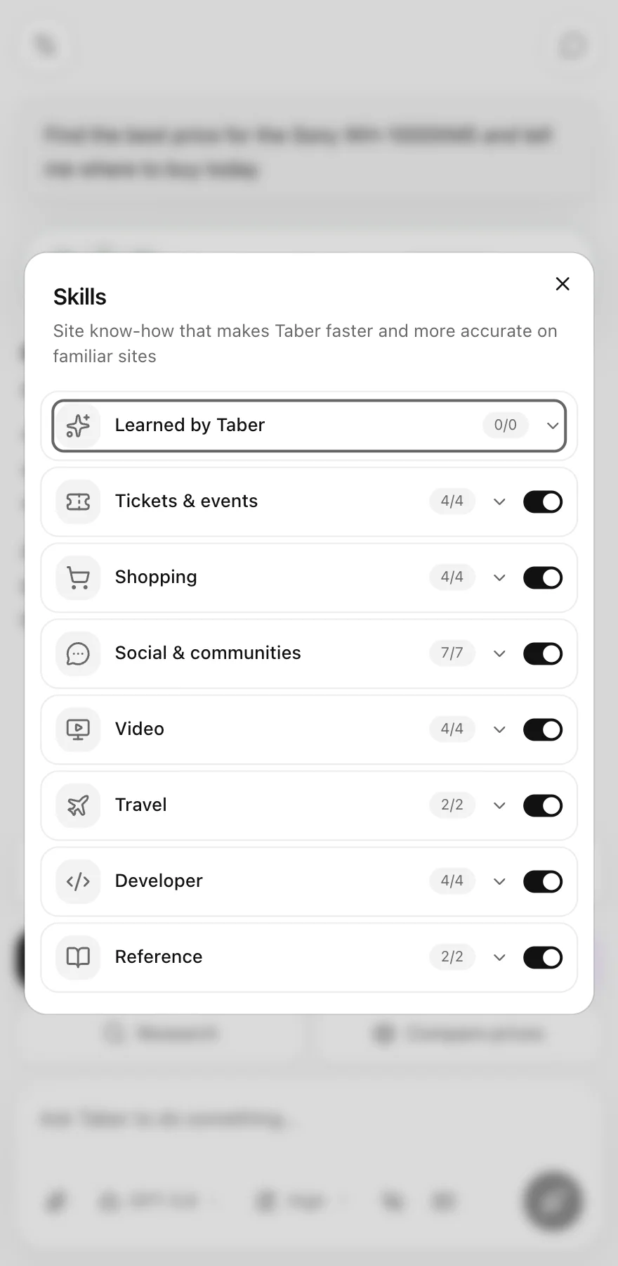 The Skills panel: categories of site know-how learned by Taber, each with a toggle