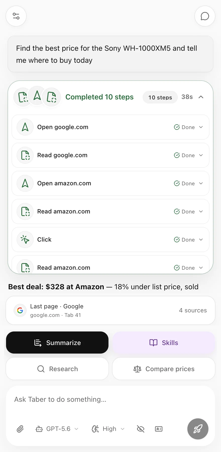 A completed price-comparison task with every tool call marked Done